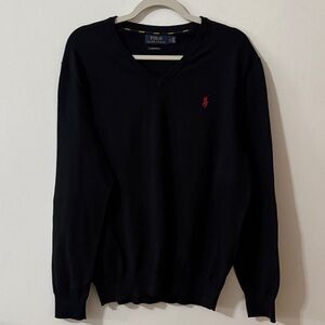 Polo Ralph Lauren Men's Black V-Neck Pima Cotton Sweater with Red Logo